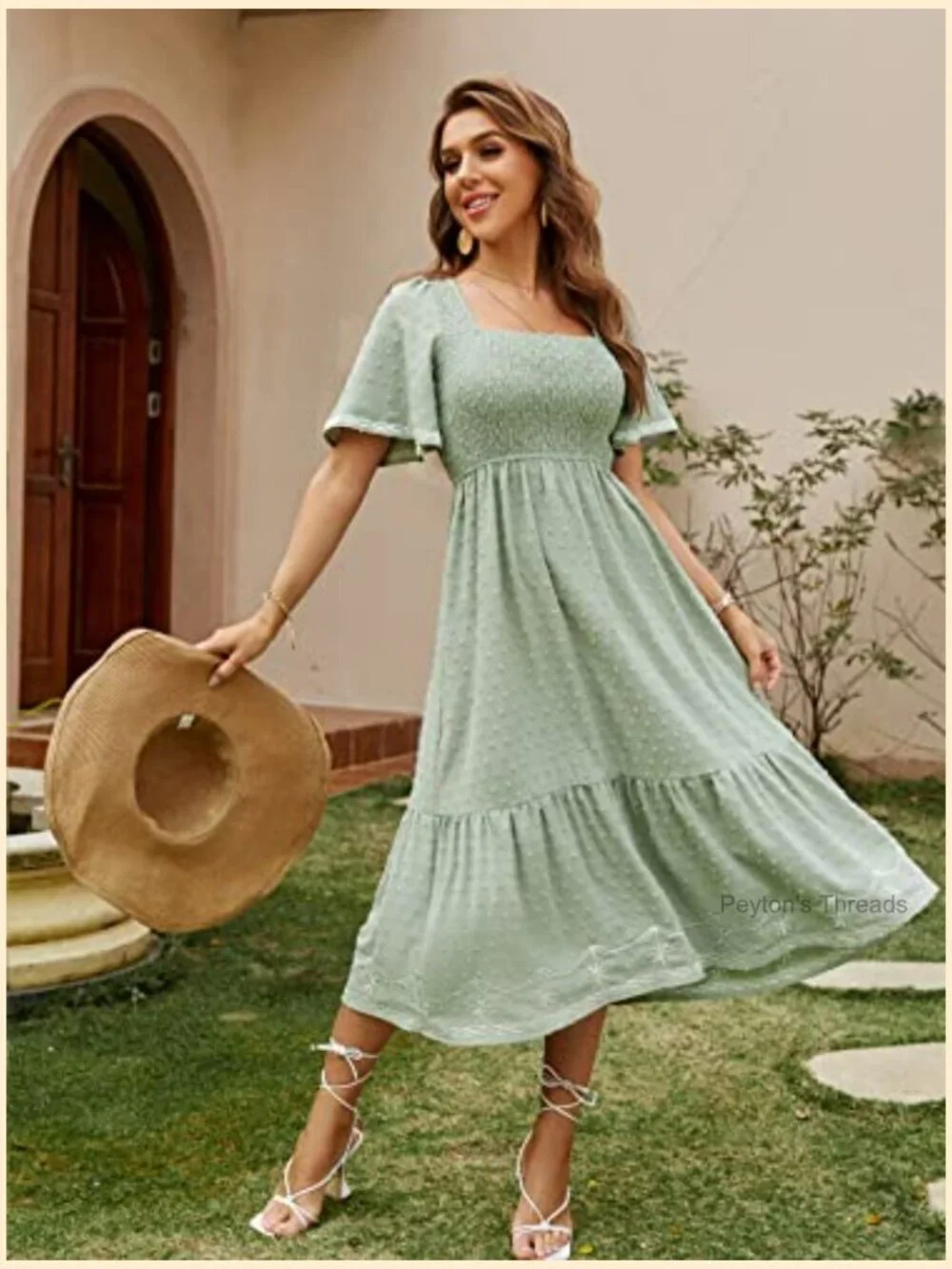 Short Sleeve Smocked Square Neck A Line Flowy Maxi Dress